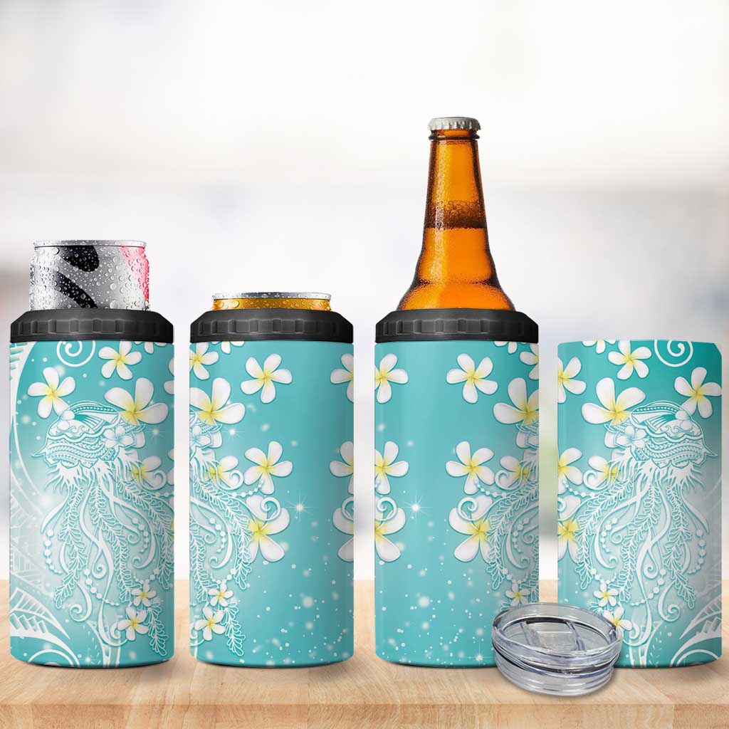 Polynesian Jellyfish 4 in 1 Can Cooler Tumbler With Plumeria Teal