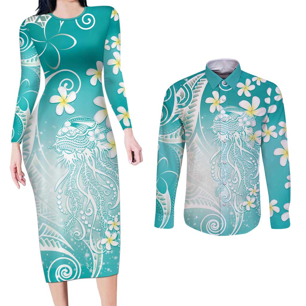 Polynesian Jellyfish Couples Matching Long Sleeve Bodycon Dress and Long Sleeve Button Shirt With Plumeria Teal