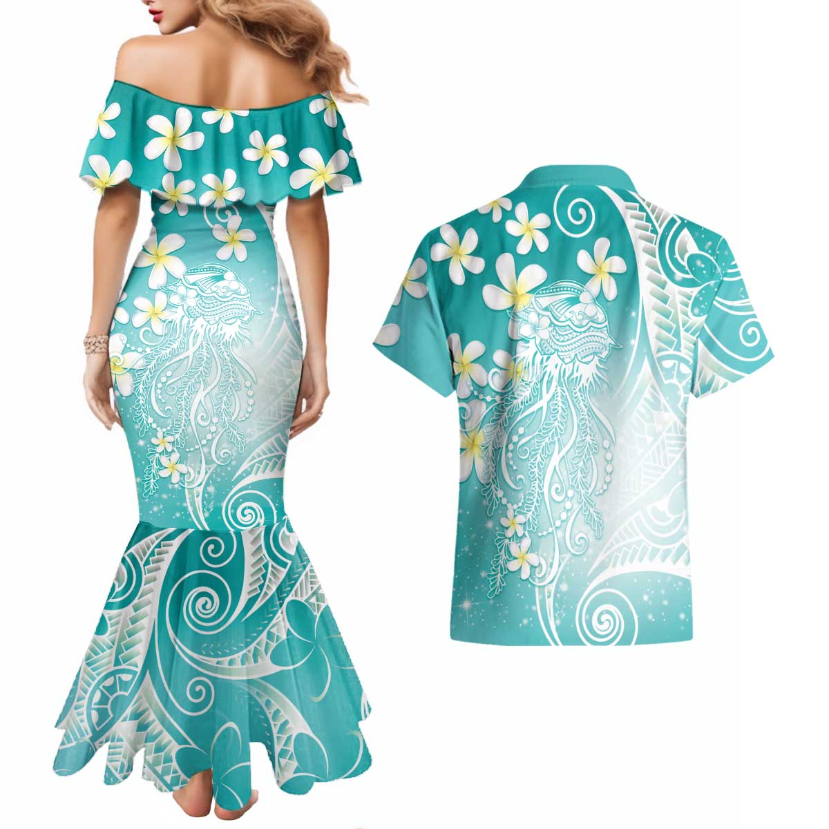 Polynesian Jellyfish Couples Matching Mermaid Dress and Hawaiian Shirt With Plumeria Teal