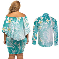Polynesian Jellyfish Couples Matching Off Shoulder Short Dress and Long Sleeve Button Shirt With Plumeria Teal