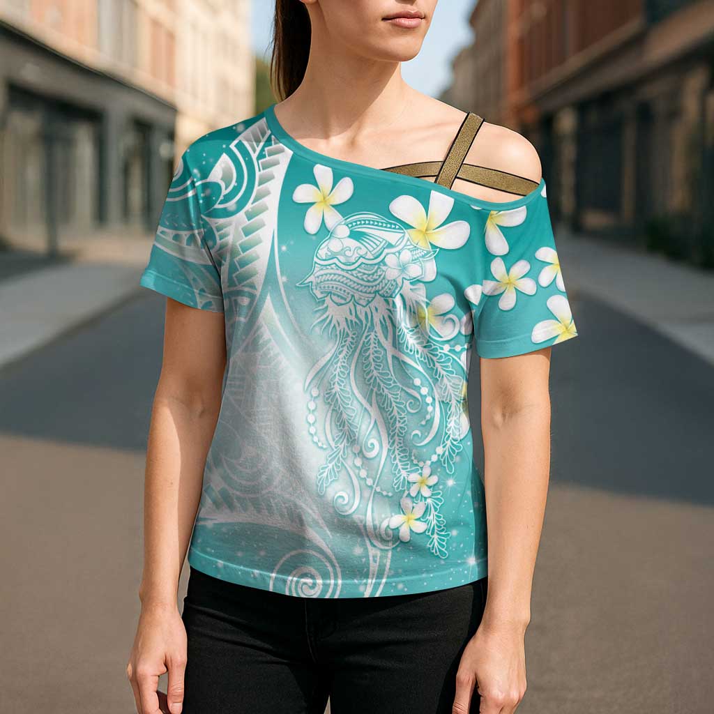 Polynesian Jellyfish Cross Shoulder Shirt With Plumeria Teal
