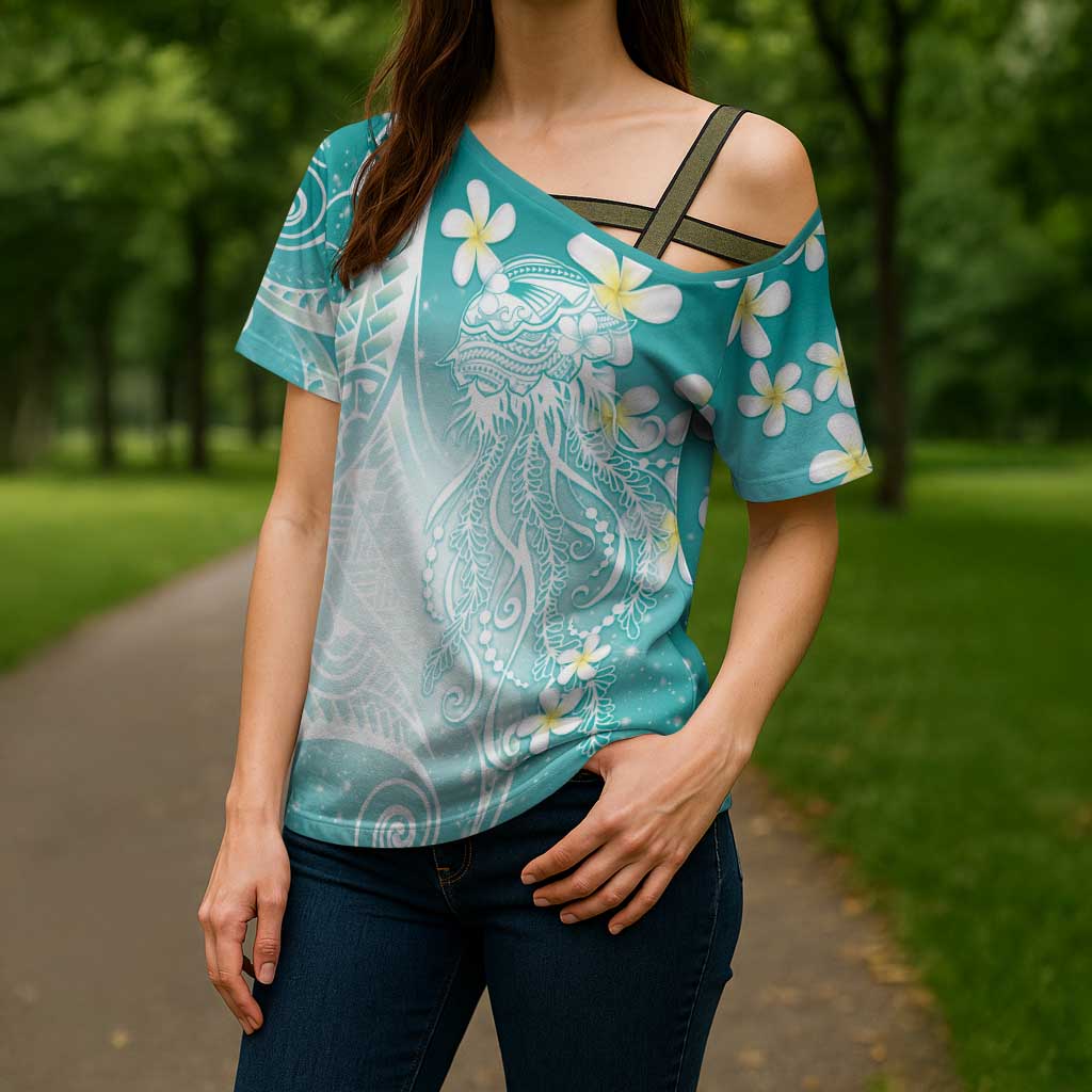 Polynesian Jellyfish Cross Shoulder Shirt With Plumeria Teal