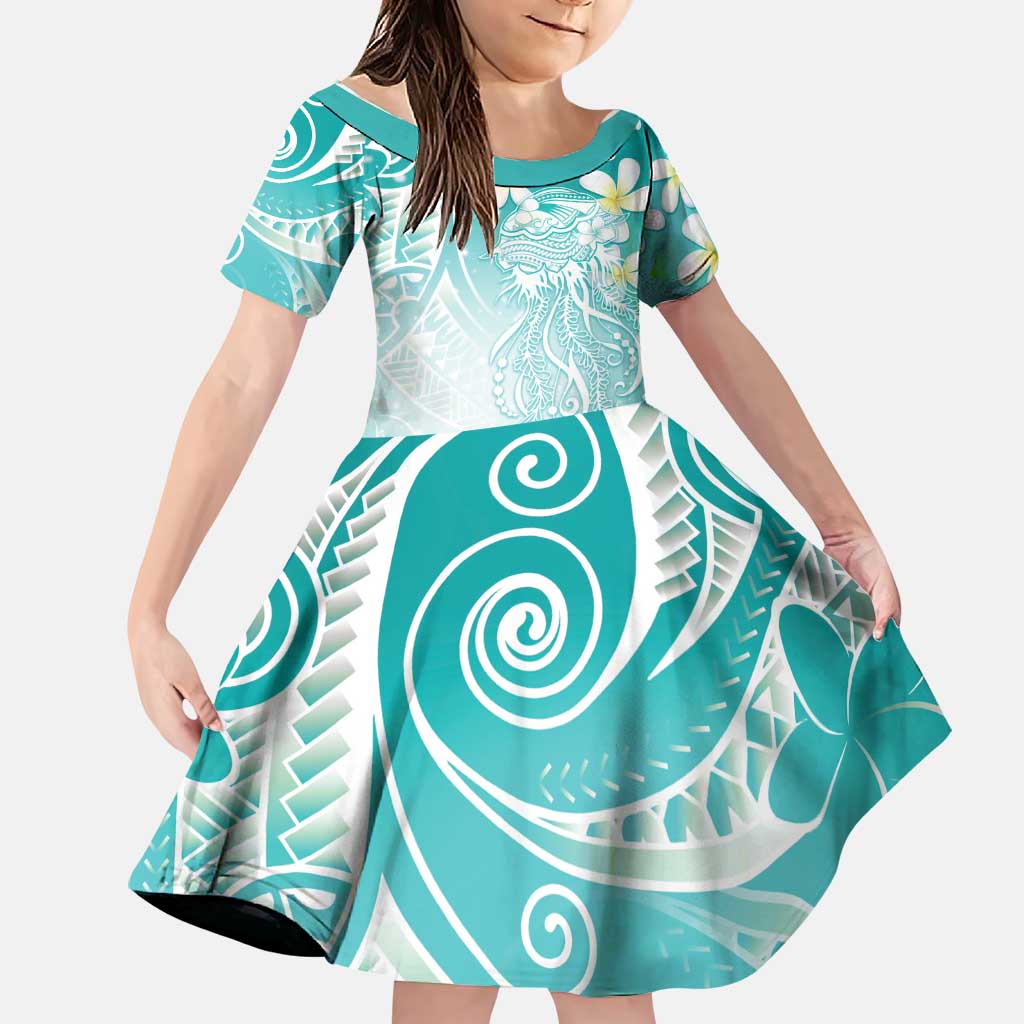 Polynesian Jellyfish Family Matching Long Sleeve Bodycon Dress and Hawaiian Shirt With Plumeria Teal LT05 Daughter's Dress Teal - Polynesian Pride