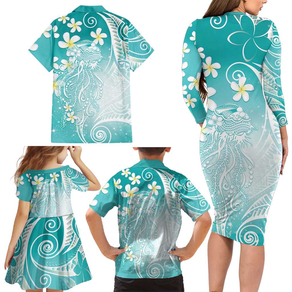 Polynesian Jellyfish Family Matching Long Sleeve Bodycon Dress and Hawaiian Shirt With Plumeria Teal LT05 - Polynesian Pride