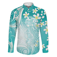 Polynesian Jellyfish Family Matching Long Sleeve Bodycon Dress and Hawaiian Shirt With Plumeria Teal LT05 Dad's Shirt - Long Sleeve Teal - Polynesian Pride