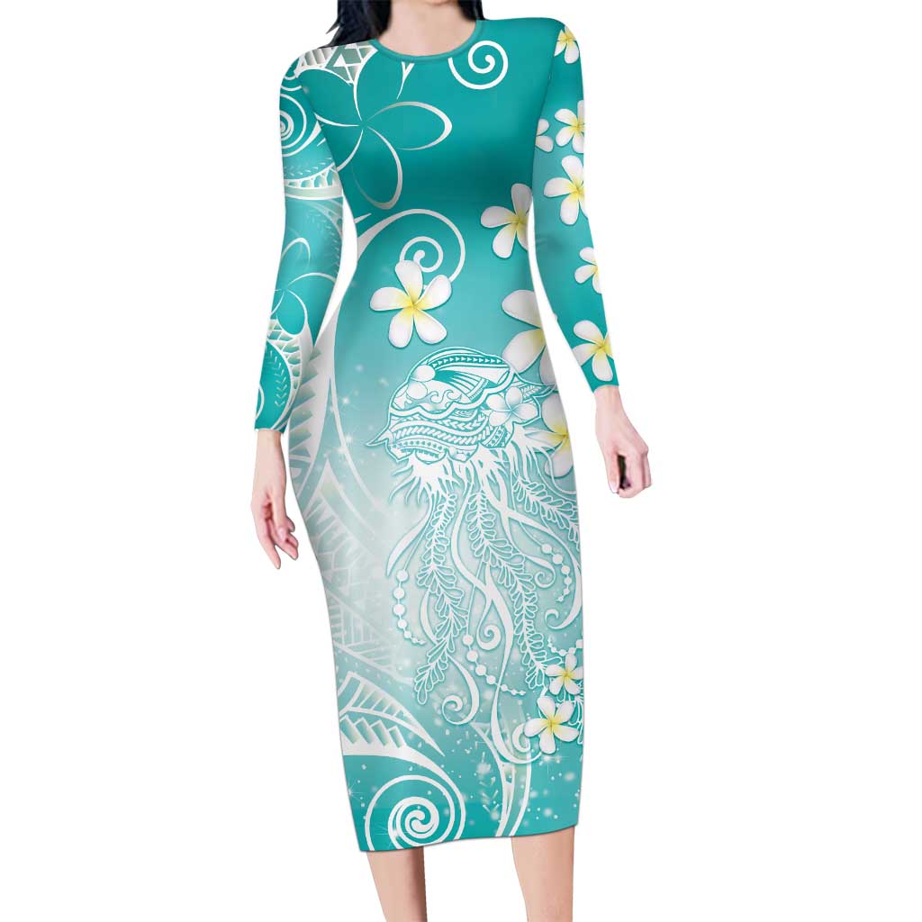 Polynesian Jellyfish Family Matching Long Sleeve Bodycon Dress and Hawaiian Shirt With Plumeria Teal LT05 Mom's Dress Teal - Polynesian Pride