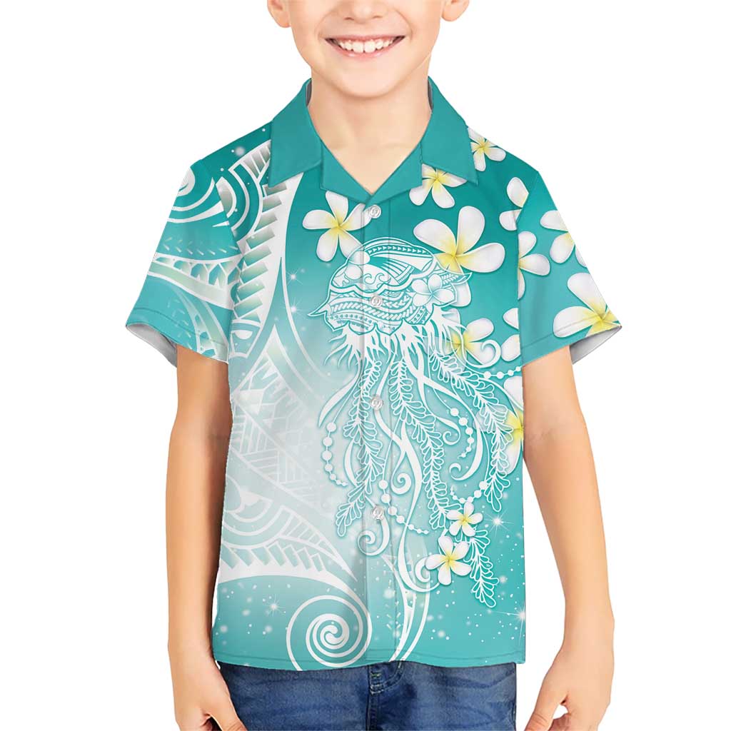 Polynesian Jellyfish Family Matching Long Sleeve Bodycon Dress and Hawaiian Shirt With Plumeria Teal LT05 Son's Shirt Teal - Polynesian Pride