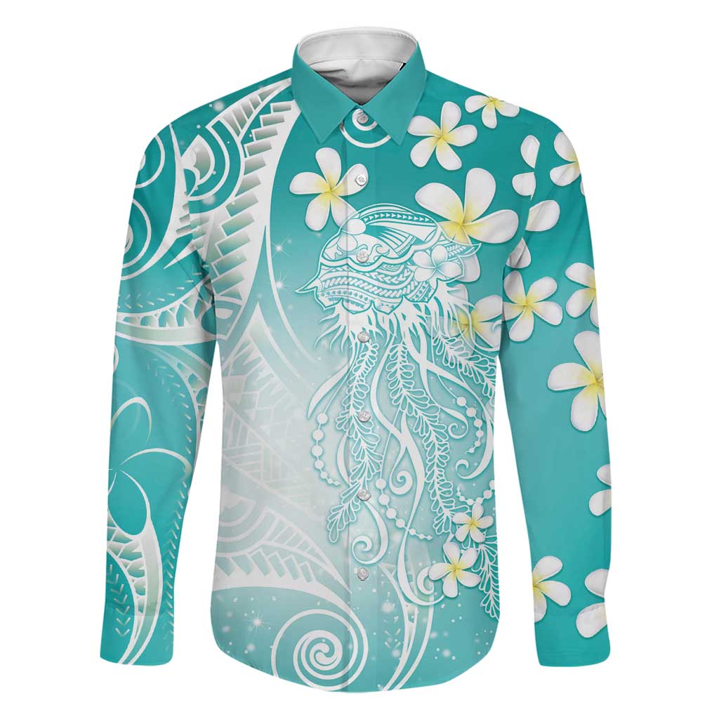 Polynesian Jellyfish Family Matching Mermaid Dress and Hawaiian Shirt With Plumeria Teal LT05 Dad's Shirt - Long Sleeve Teal - Polynesian Pride