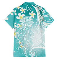 Polynesian Jellyfish Family Matching Off The Shoulder Long Sleeve Dress and Hawaiian Shirt With Plumeria Teal