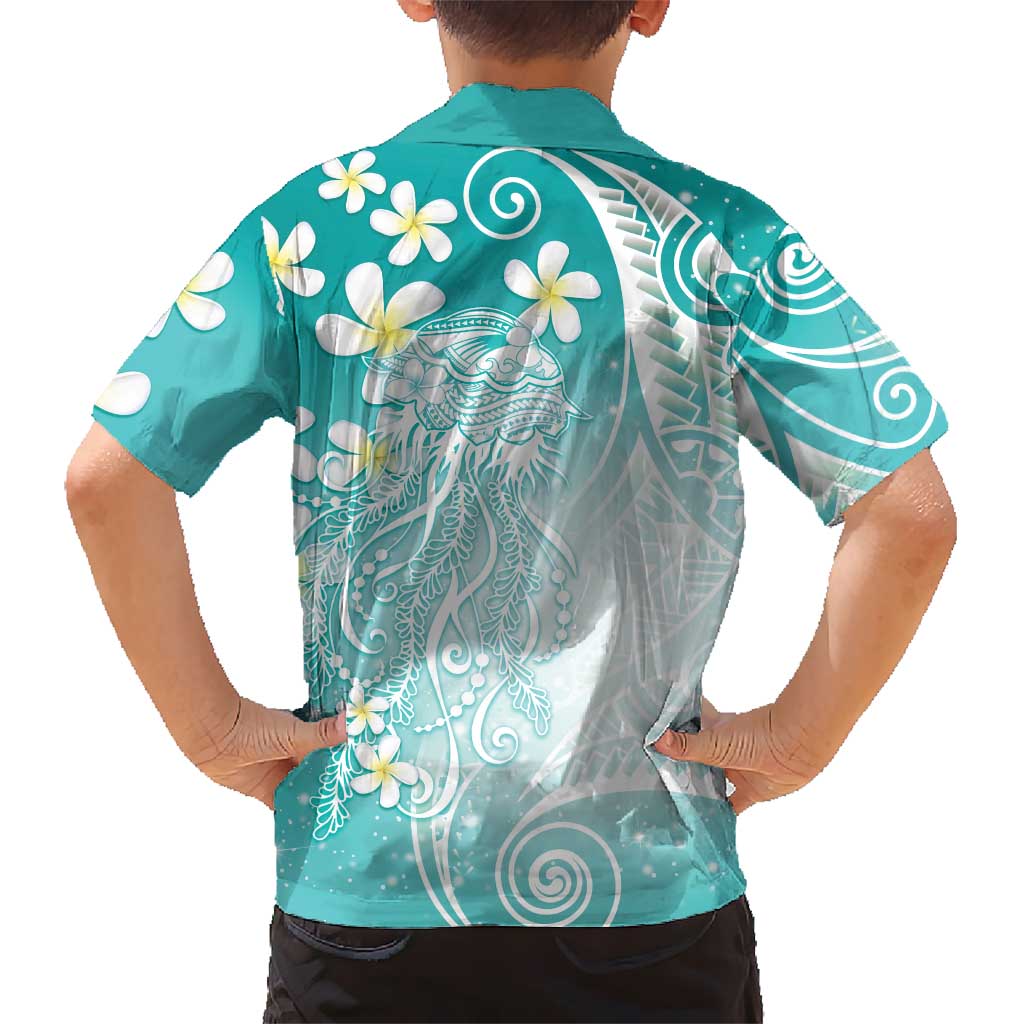 Polynesian Jellyfish Family Matching Short Sleeve Bodycon Dress and Hawaiian Shirt With Plumeria Teal LT05 - Polynesian Pride