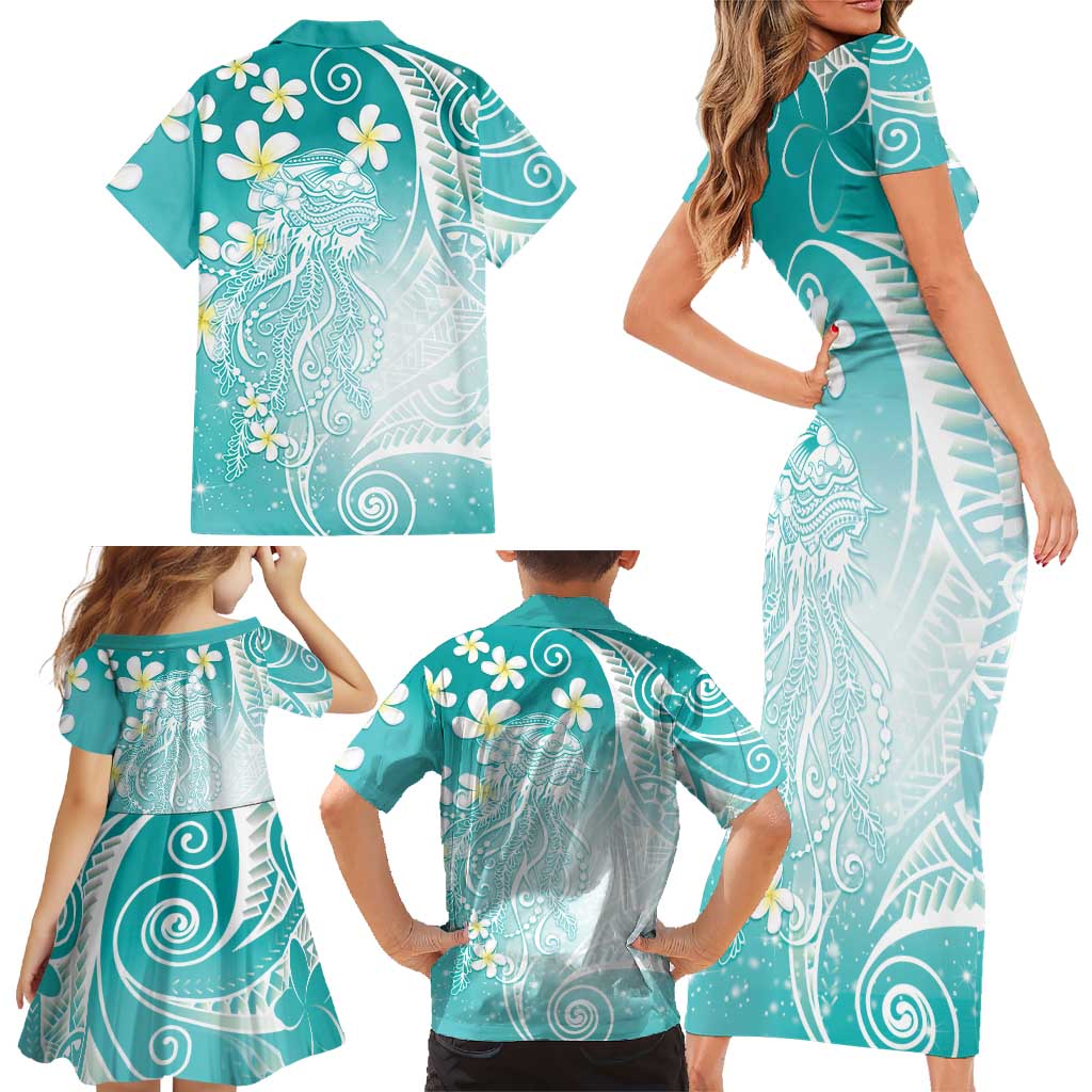 Polynesian Jellyfish Family Matching Short Sleeve Bodycon Dress and Hawaiian Shirt With Plumeria Teal LT05 - Polynesian Pride