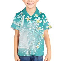 Polynesian Jellyfish Family Matching Short Sleeve Bodycon Dress and Hawaiian Shirt With Plumeria Teal LT05 Son's Shirt Teal - Polynesian Pride
