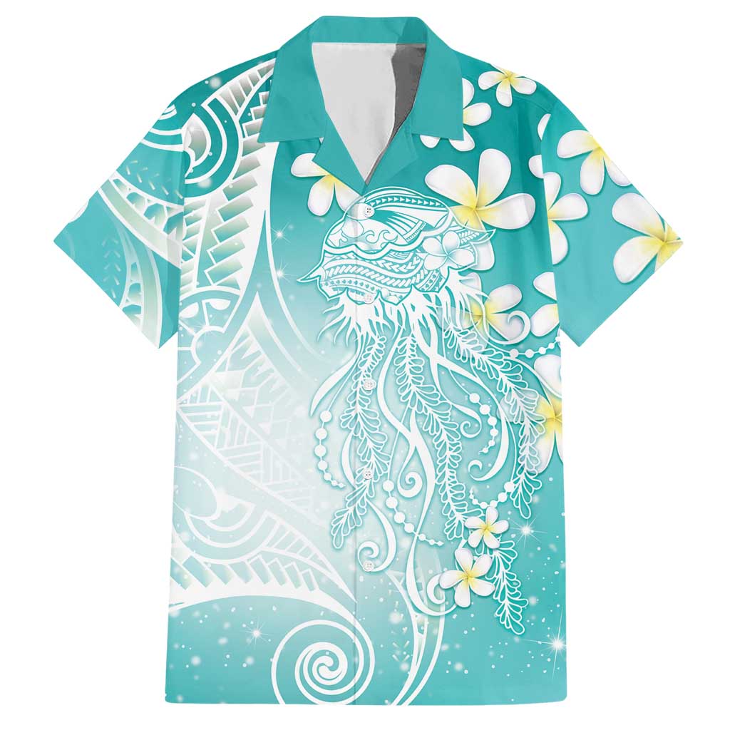 Polynesian Jellyfish Hawaiian Shirt With Plumeria Teal