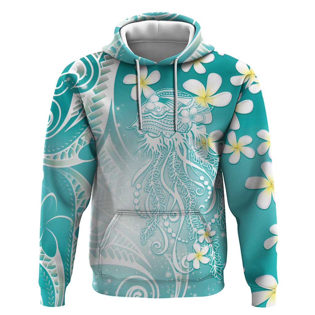 Polynesian Jellyfish Hoodie With Plumeria Teal