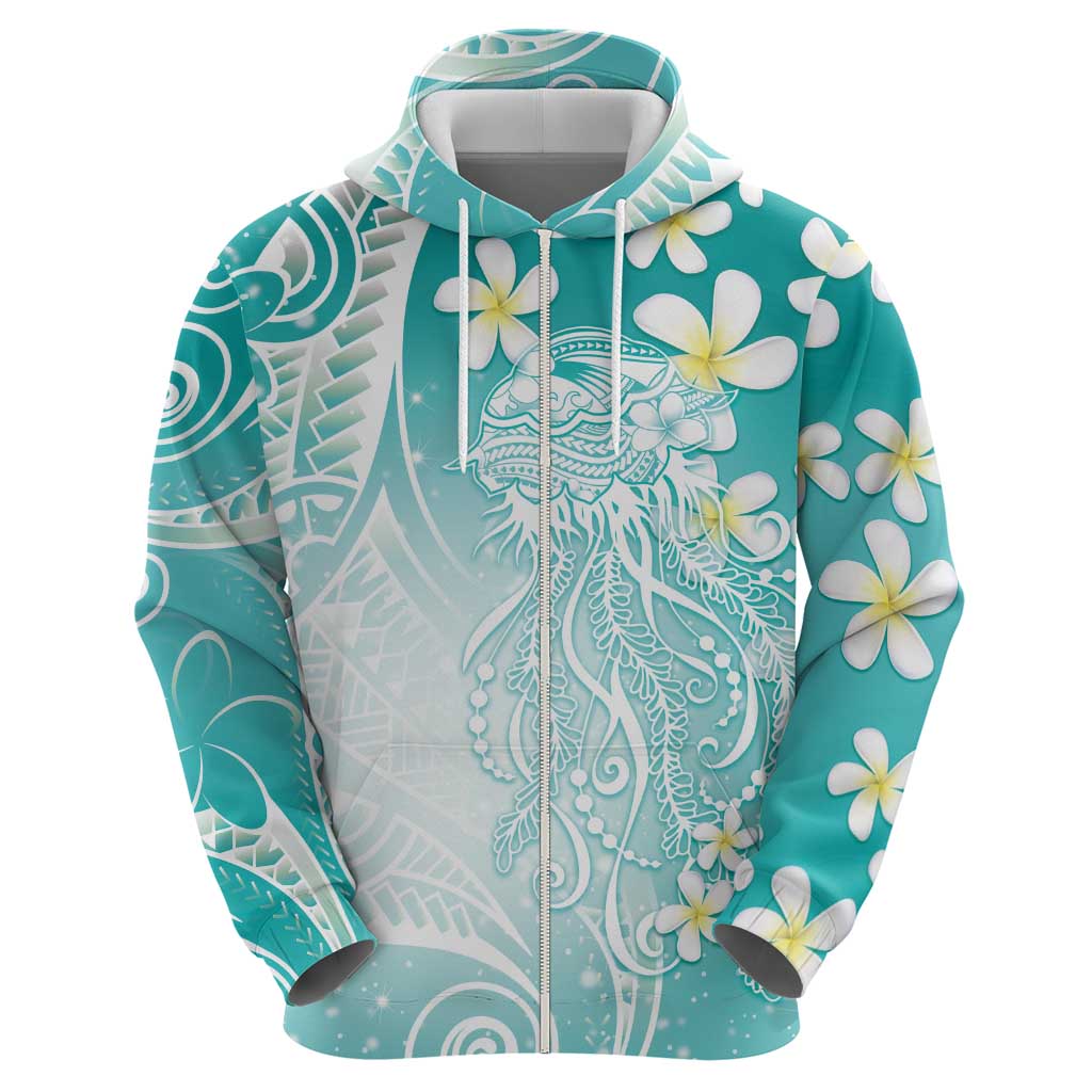 Polynesian Jellyfish Hoodie With Plumeria Teal LT05 - Polynesian Pride