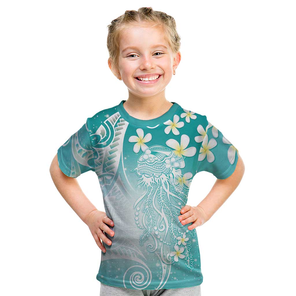Polynesian Jellyfish Kid T Shirt With Plumeria Teal