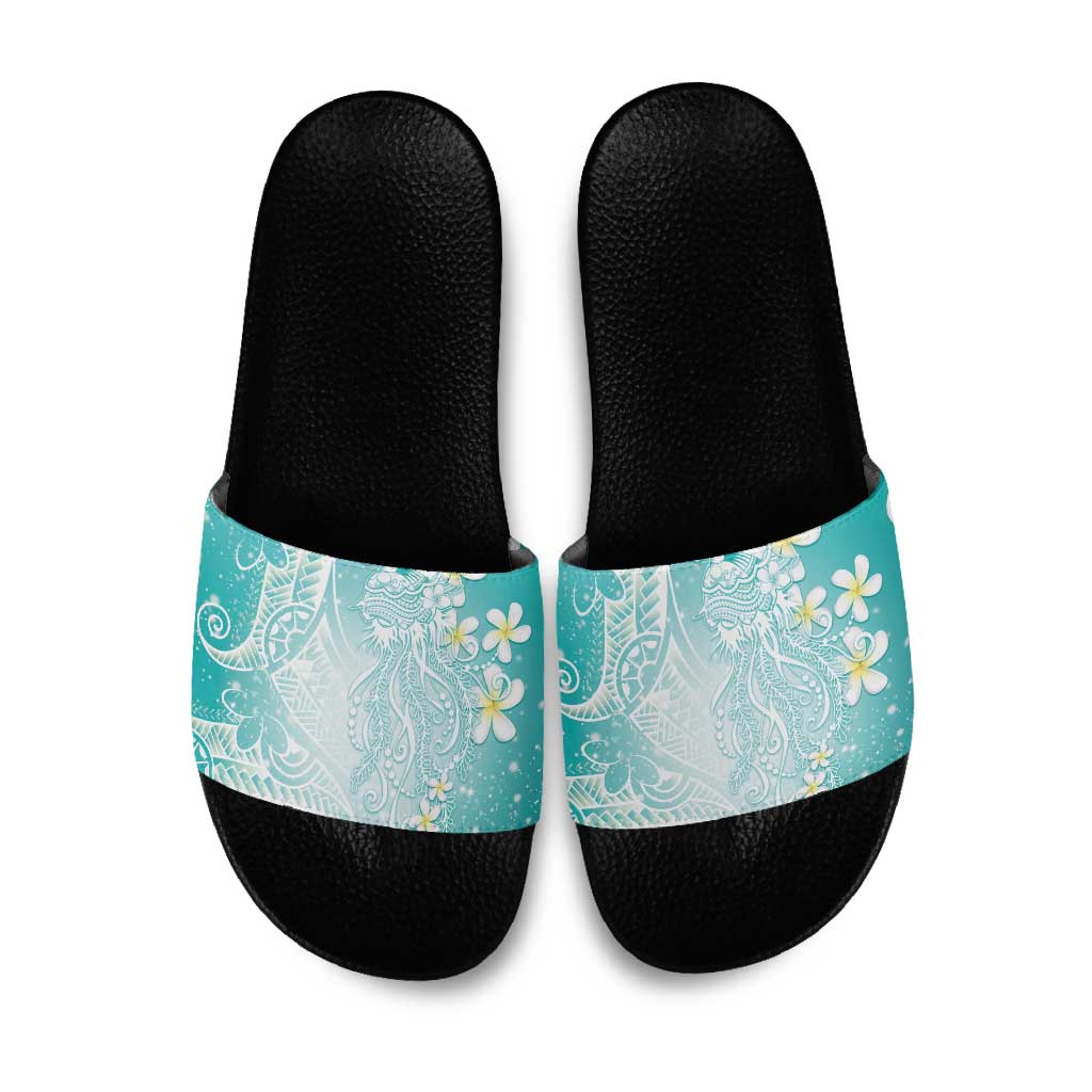 Polynesian Jellyfish Slide Sandals With Plumeria Teal