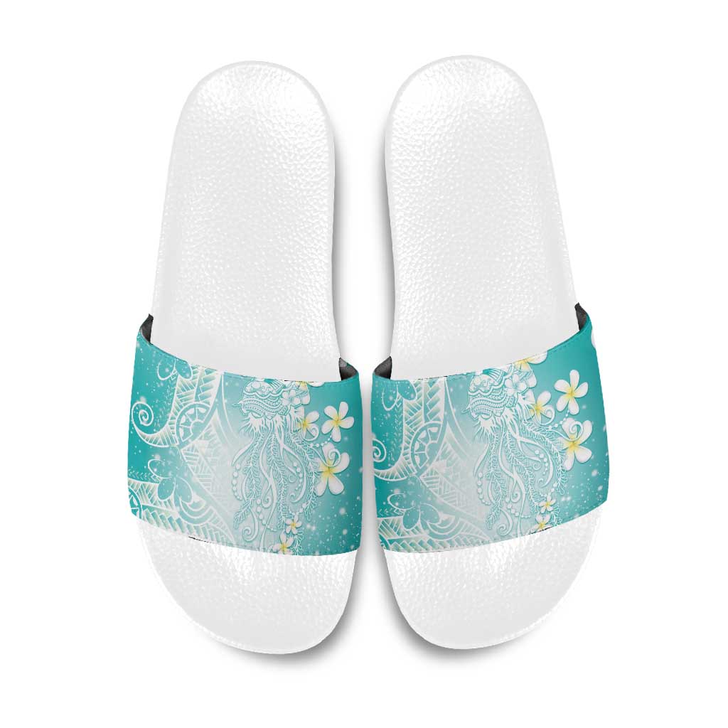 Polynesian Jellyfish Slide Sandals With Plumeria Teal
