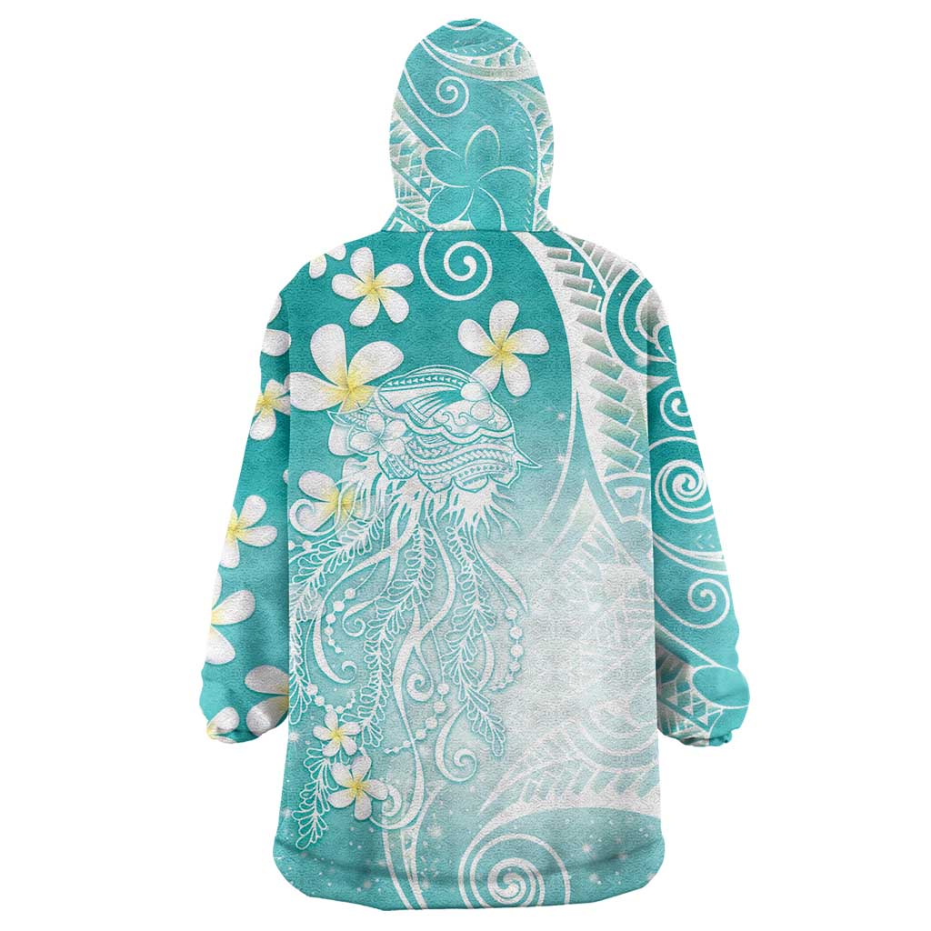 Polynesian Jellyfish Wearable Blanket Hoodie With Plumeria Teal