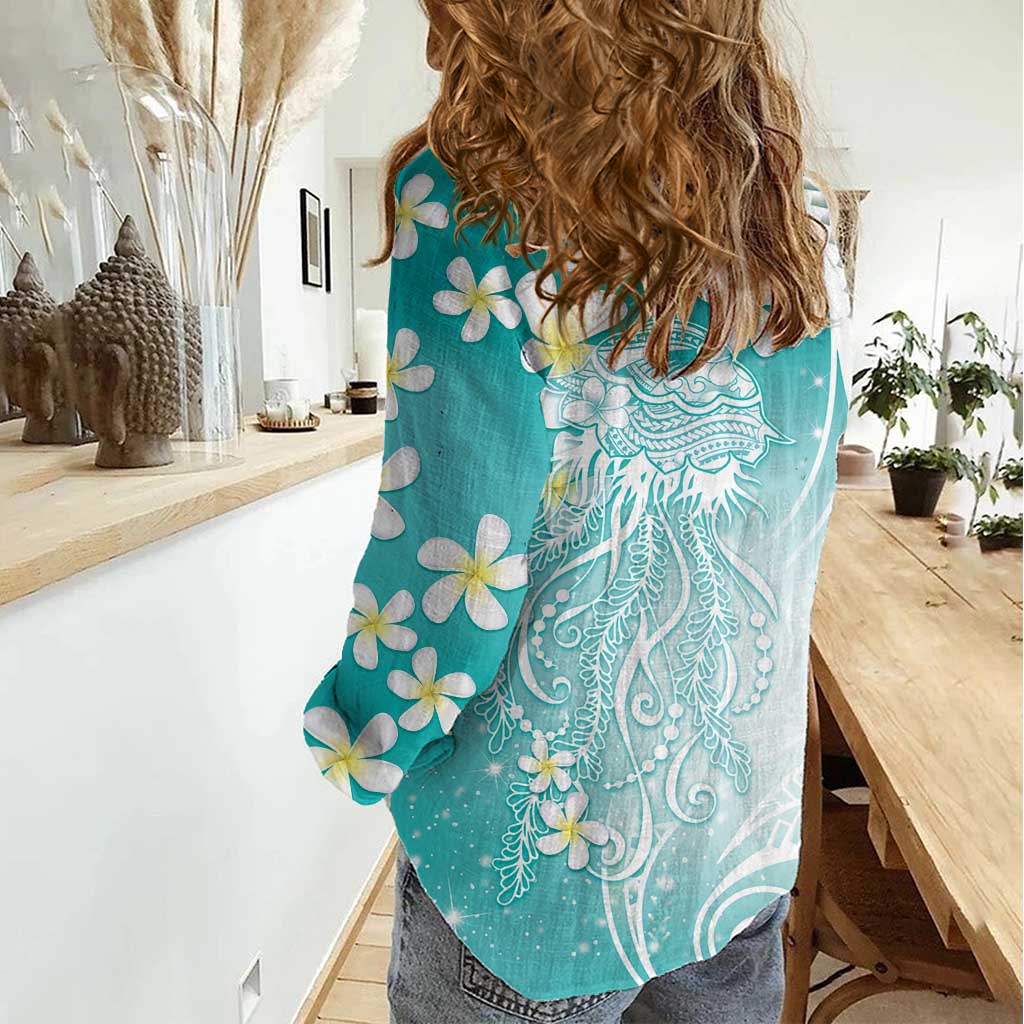Polynesian Jellyfish Women Casual Shirt With Plumeria Teal