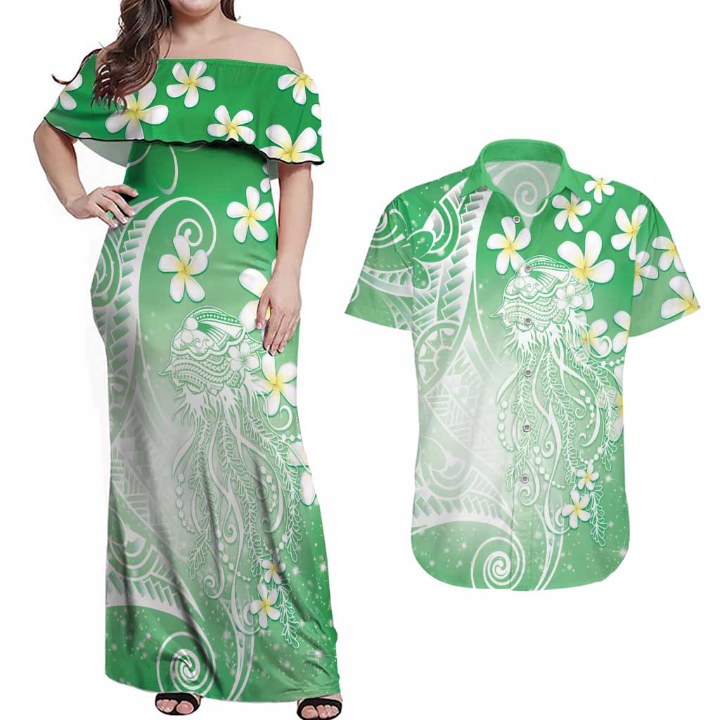 Polynesian Jellyfish Couples Matching Off Shoulder Maxi Dress and Hawaiian Shirt With Plumeria Green LT05 Green - Polynesian Pride