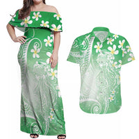 Polynesian Jellyfish Couples Matching Off Shoulder Maxi Dress and Hawaiian Shirt With Plumeria Green LT05 Green - Polynesian Pride