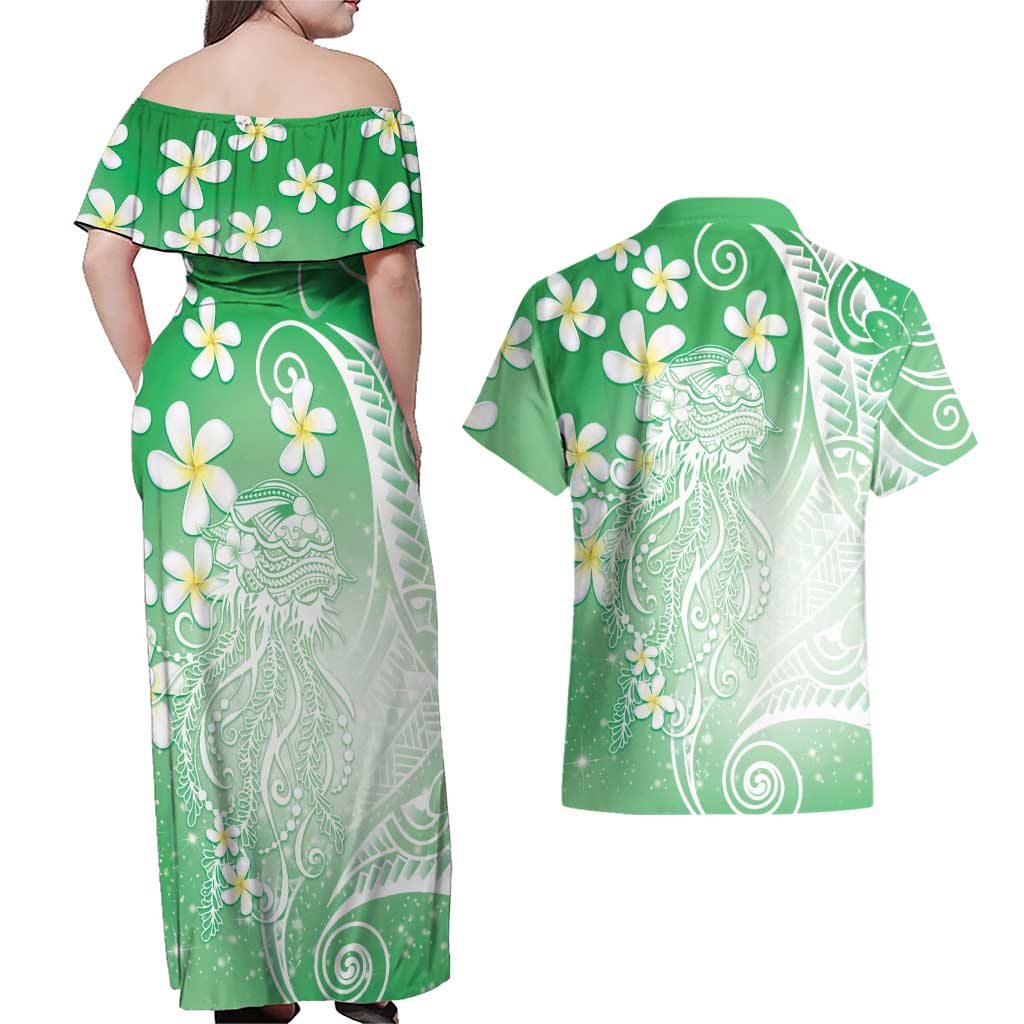 Polynesian Jellyfish Couples Matching Off Shoulder Maxi Dress and Hawaiian Shirt With Plumeria Green LT05 - Polynesian Pride