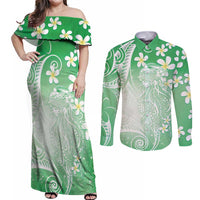 Polynesian Jellyfish Couples Matching Off Shoulder Maxi Dress and Long Sleeve Button Shirt With Plumeria Green