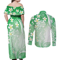 Polynesian Jellyfish Couples Matching Off Shoulder Maxi Dress and Long Sleeve Button Shirt With Plumeria Green