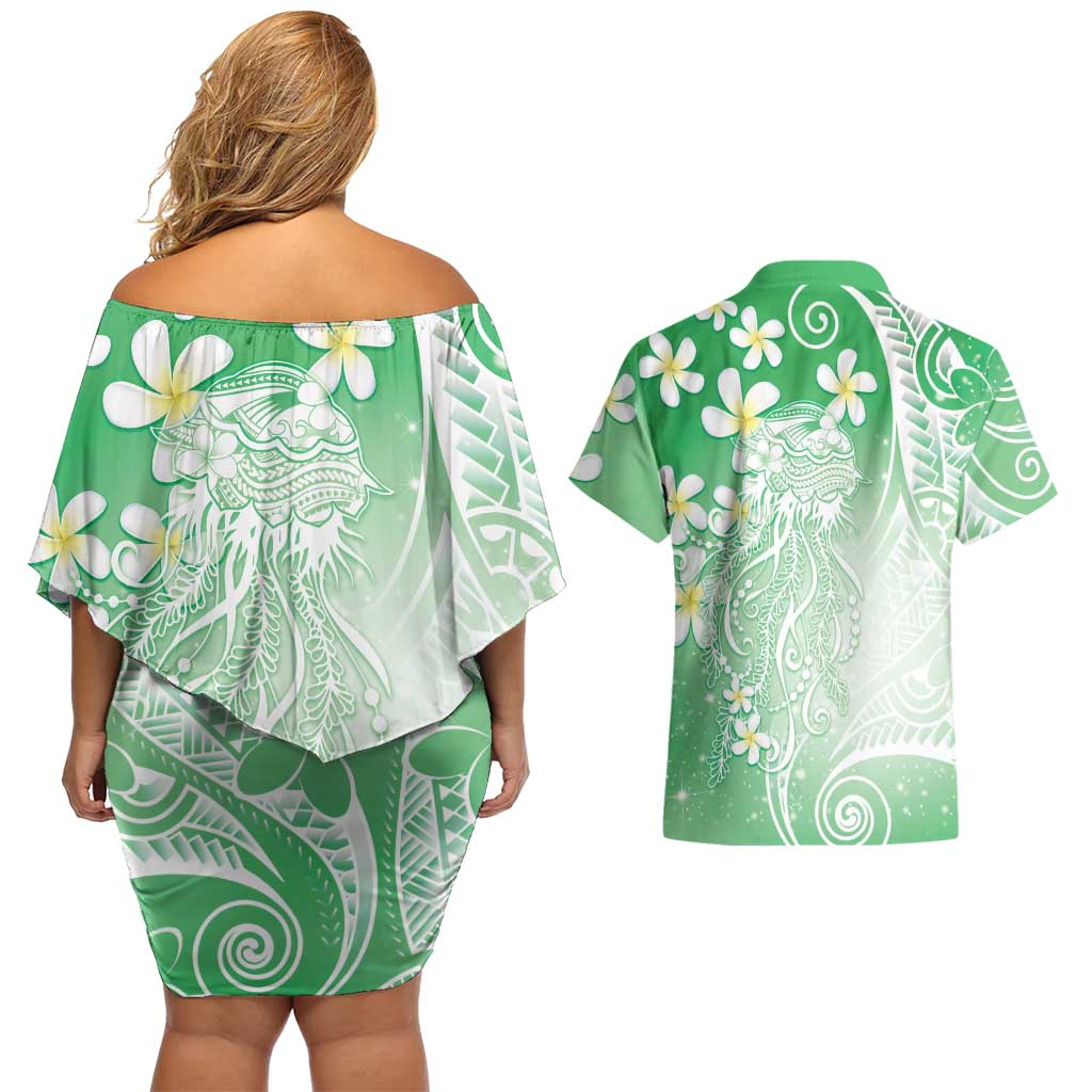 Polynesian Jellyfish Couples Matching Off Shoulder Short Dress and Hawaiian Shirt With Plumeria Green