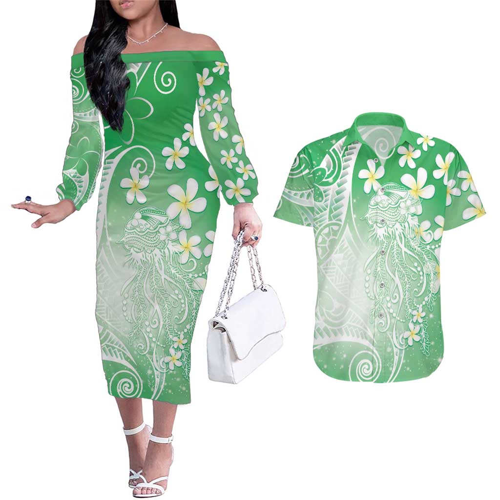 Polynesian Jellyfish Couples Matching Off The Shoulder Long Sleeve Dress and Hawaiian Shirt With Plumeria Green LT05 Green - Polynesian Pride