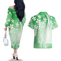 Polynesian Jellyfish Couples Matching Off The Shoulder Long Sleeve Dress and Hawaiian Shirt With Plumeria Green LT05 - Polynesian Pride
