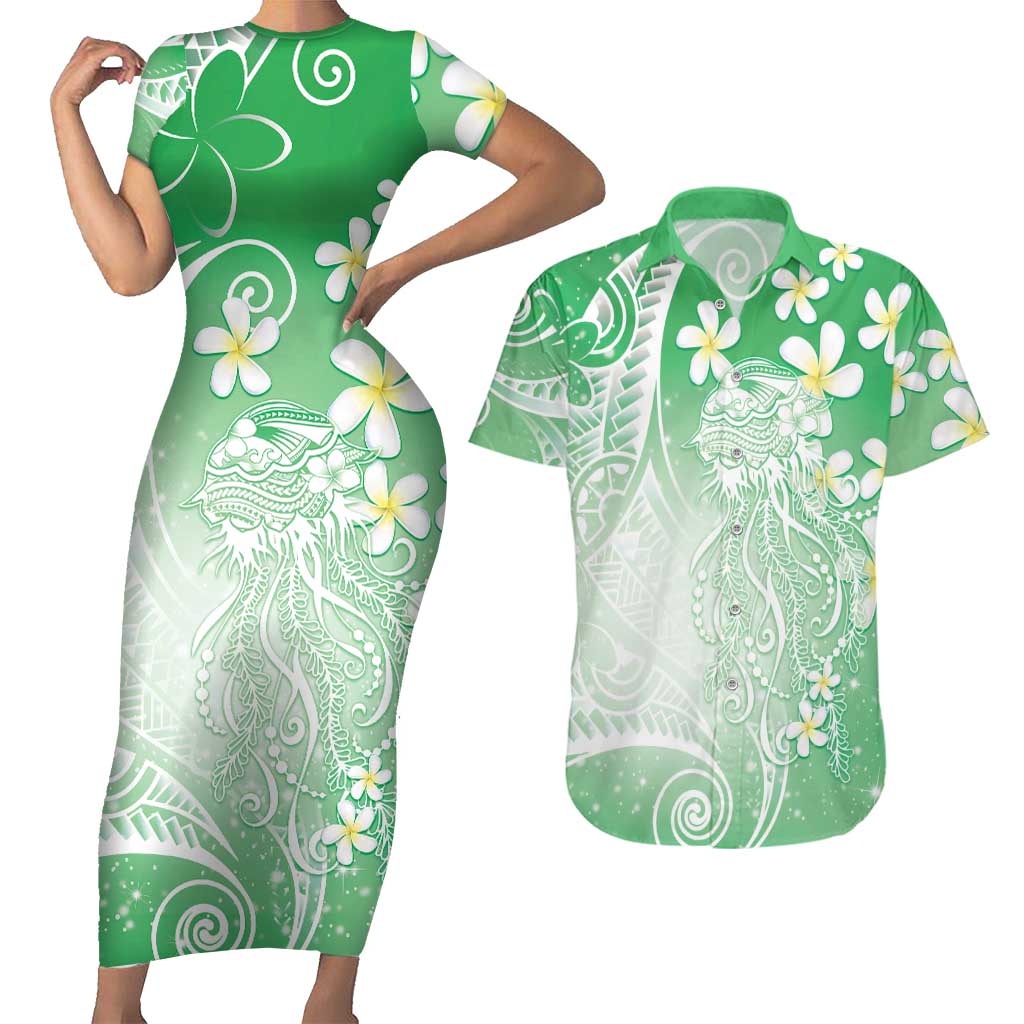 Polynesian Jellyfish Couples Matching Short Sleeve Bodycon Dress and Hawaiian Shirt With Plumeria Green LT05 Green - Polynesian Pride