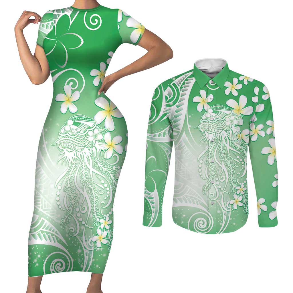 Polynesian Jellyfish Couples Matching Short Sleeve Bodycon Dress and Long Sleeve Button Shirt With Plumeria Green