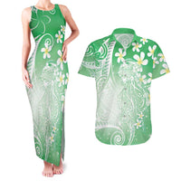 Polynesian Jellyfish Couples Matching Tank Maxi Dress and Hawaiian Shirt With Plumeria Green