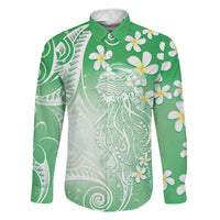 Polynesian Jellyfish Family Matching Off The Shoulder Long Sleeve Dress and Hawaiian Shirt With Plumeria Green LT05 Dad's Shirt - Long Sleeve Green - Polynesian Pride