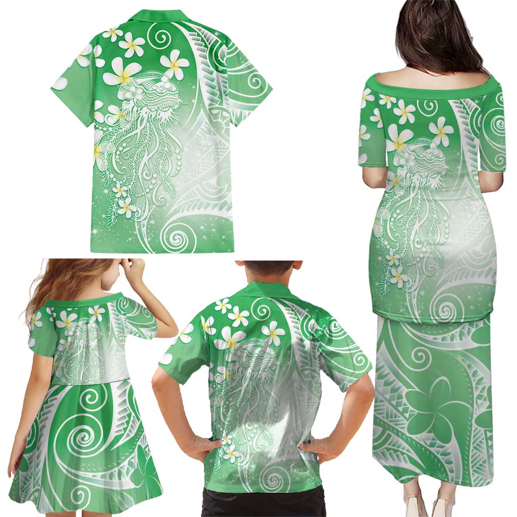 Polynesian Jellyfish Family Matching Puletasi and Hawaiian Shirt With Plumeria Green LT05 - Polynesian Pride
