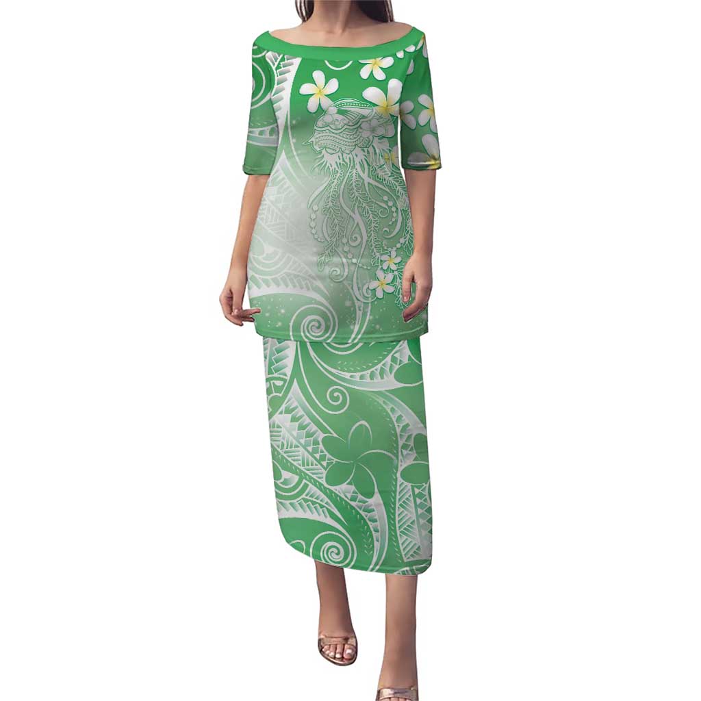 Polynesian Jellyfish Family Matching Puletasi and Hawaiian Shirt With Plumeria Green LT05 Mom's Dress Green - Polynesian Pride