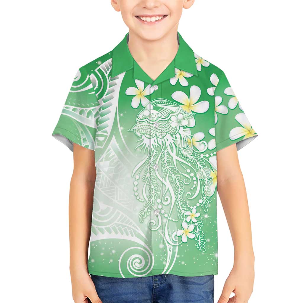 Polynesian Jellyfish Family Matching Puletasi and Hawaiian Shirt With Plumeria Green LT05 Son's Shirt Green - Polynesian Pride