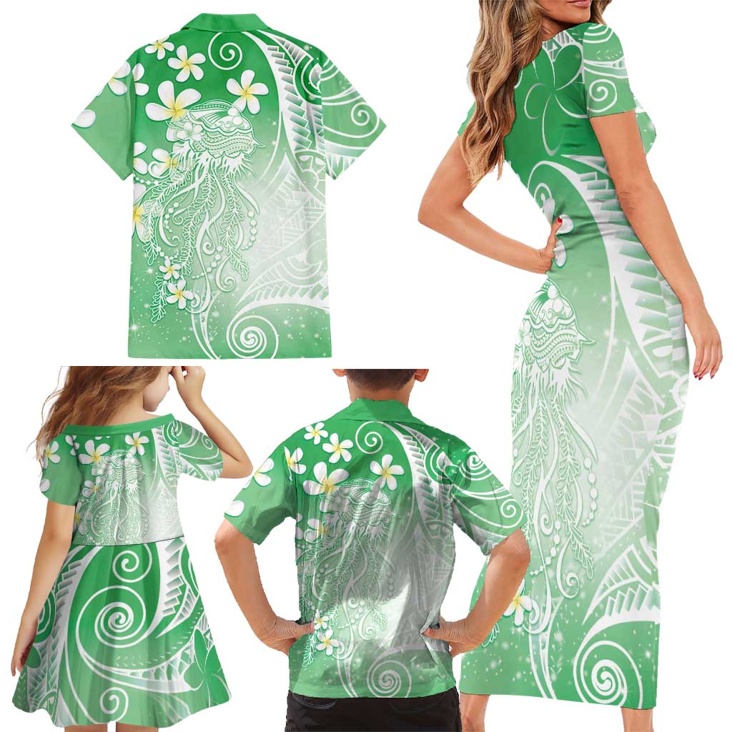 Polynesian Jellyfish Family Matching Short Sleeve Bodycon Dress and Hawaiian Shirt With Plumeria Green LT05 - Polynesian Pride