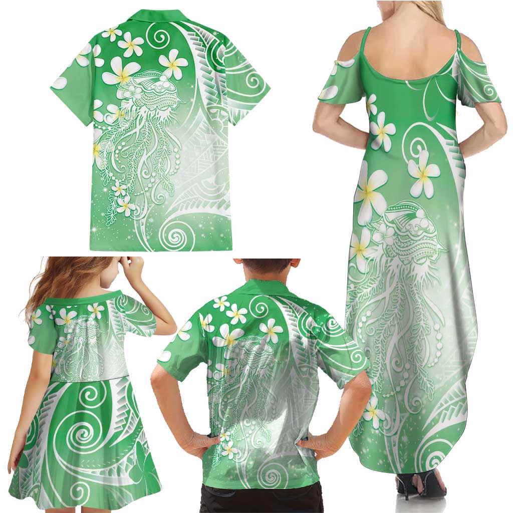 Polynesian Jellyfish Family Matching Summer Maxi Dress and Hawaiian Shirt With Plumeria Green LT05 - Polynesian Pride