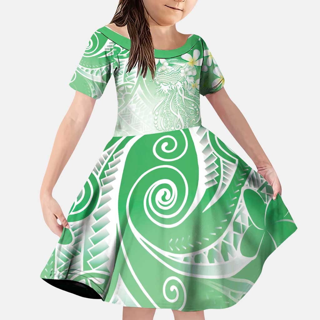 Polynesian Jellyfish Family Matching Tank Maxi Dress and Hawaiian Shirt With Plumeria Green LT05 Daughter's Dress Green - Polynesian Pride