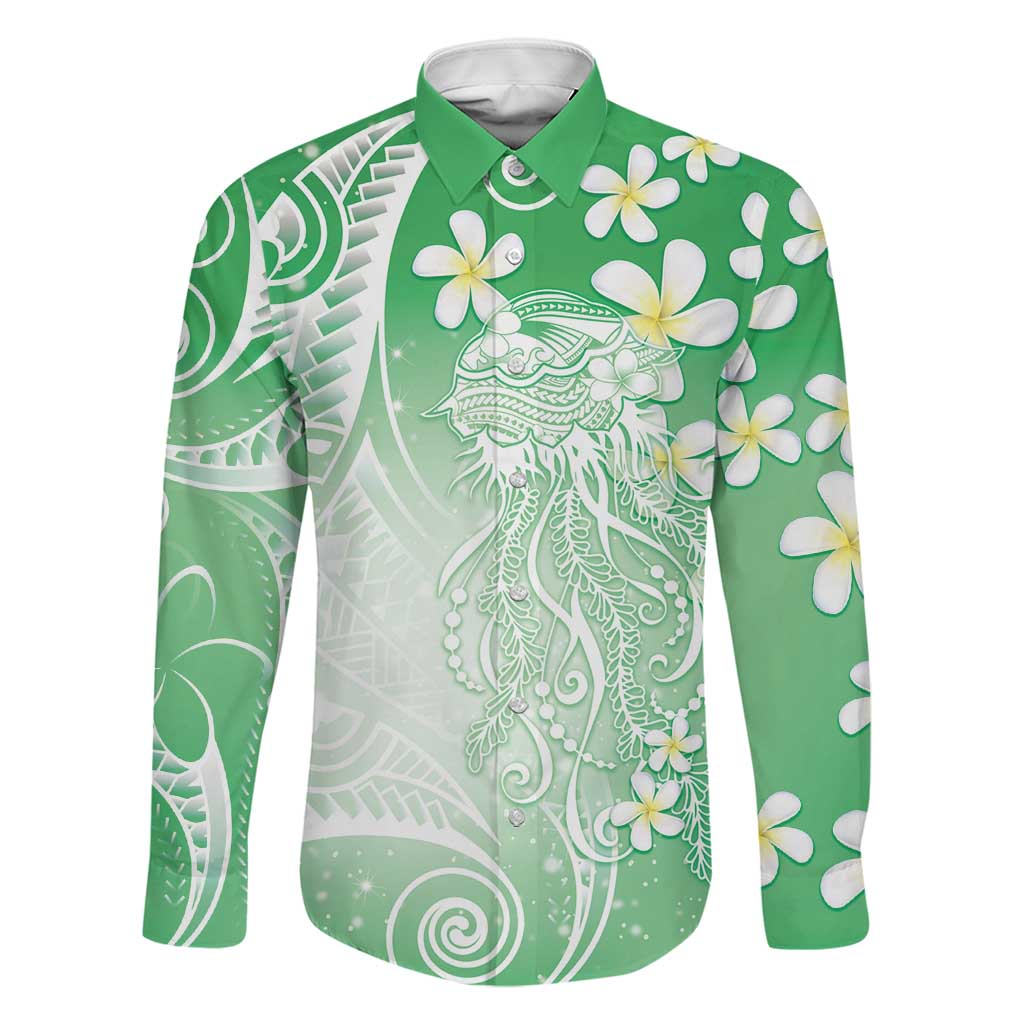 Polynesian Jellyfish Family Matching Tank Maxi Dress and Hawaiian Shirt With Plumeria Green LT05 Dad's Shirt - Long Sleeve Green - Polynesian Pride