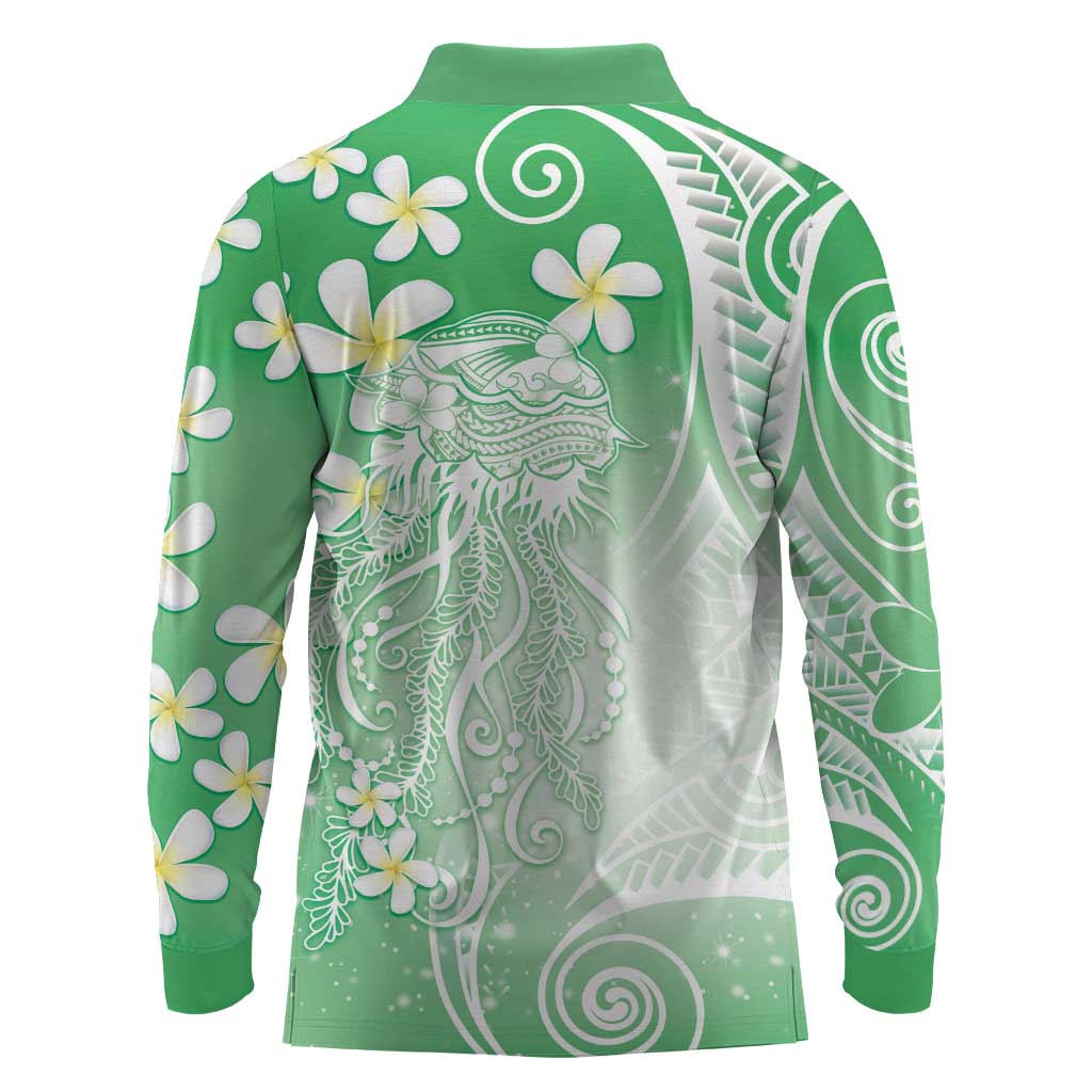 Polynesian Jellyfish Long Sleeve Polo Shirt With Plumeria Green
