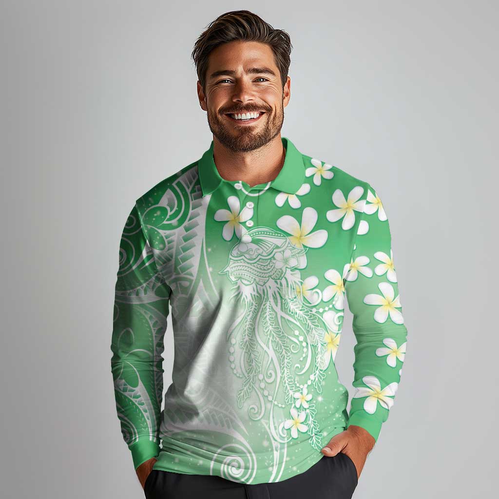 Polynesian Jellyfish Long Sleeve Polo Shirt With Plumeria Green