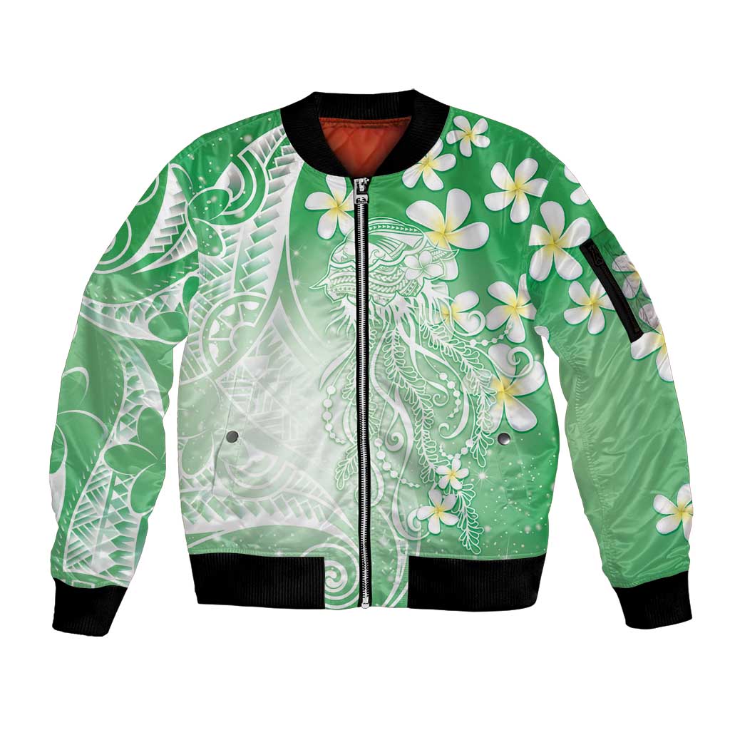 Polynesian Jellyfish Sleeve Zip Bomber Jacket With Plumeria Green LT05 Unisex Green - Polynesian Pride