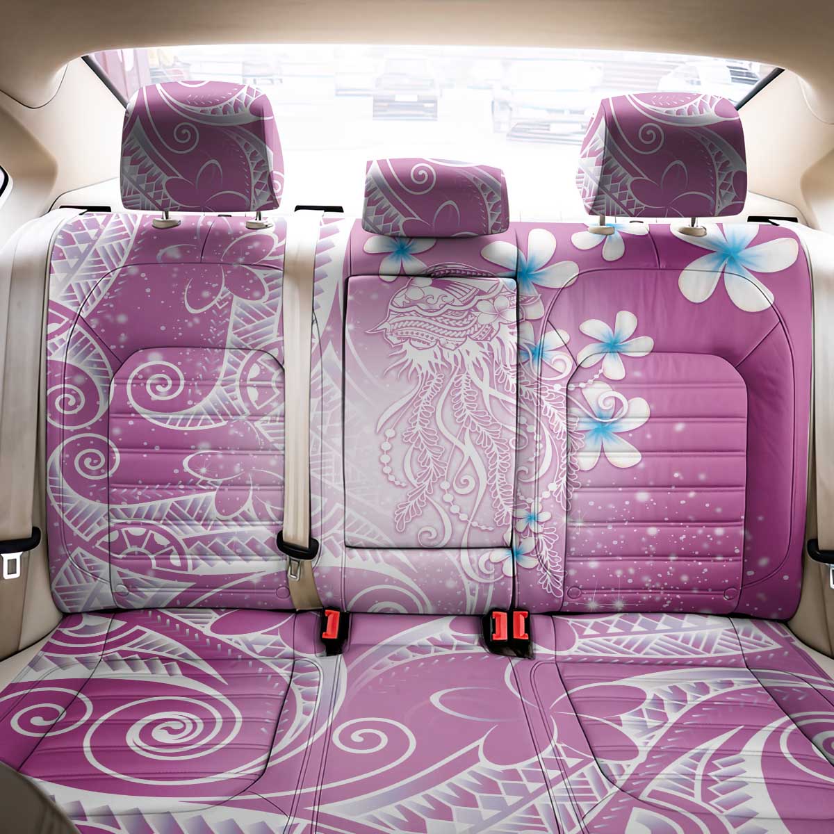 Polynesian Jellyfish Back Car Seat Cover With Plumeria Pink