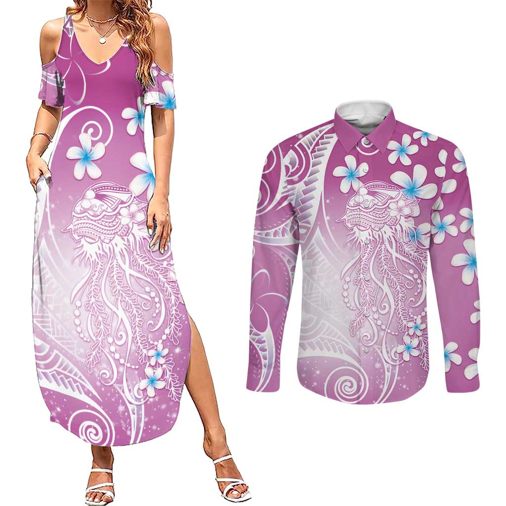 Polynesian Jellyfish Couples Matching Summer Maxi Dress and Long Sleeve Button Shirt With Plumeria Pink