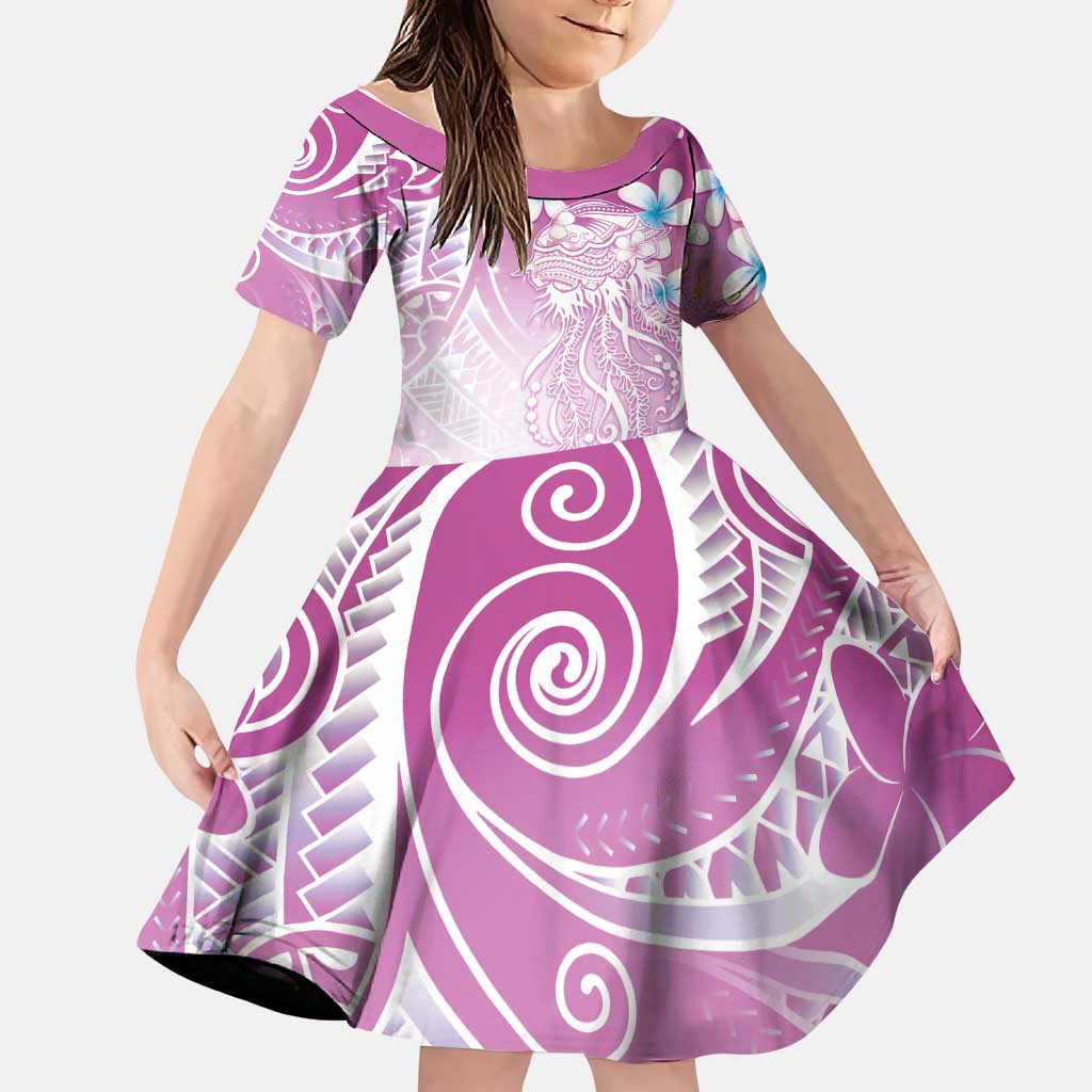 Polynesian Jellyfish Family Matching Long Sleeve Bodycon Dress and Hawaiian Shirt With Plumeria Pink LT05 Daughter's Dress Pink - Polynesian Pride
