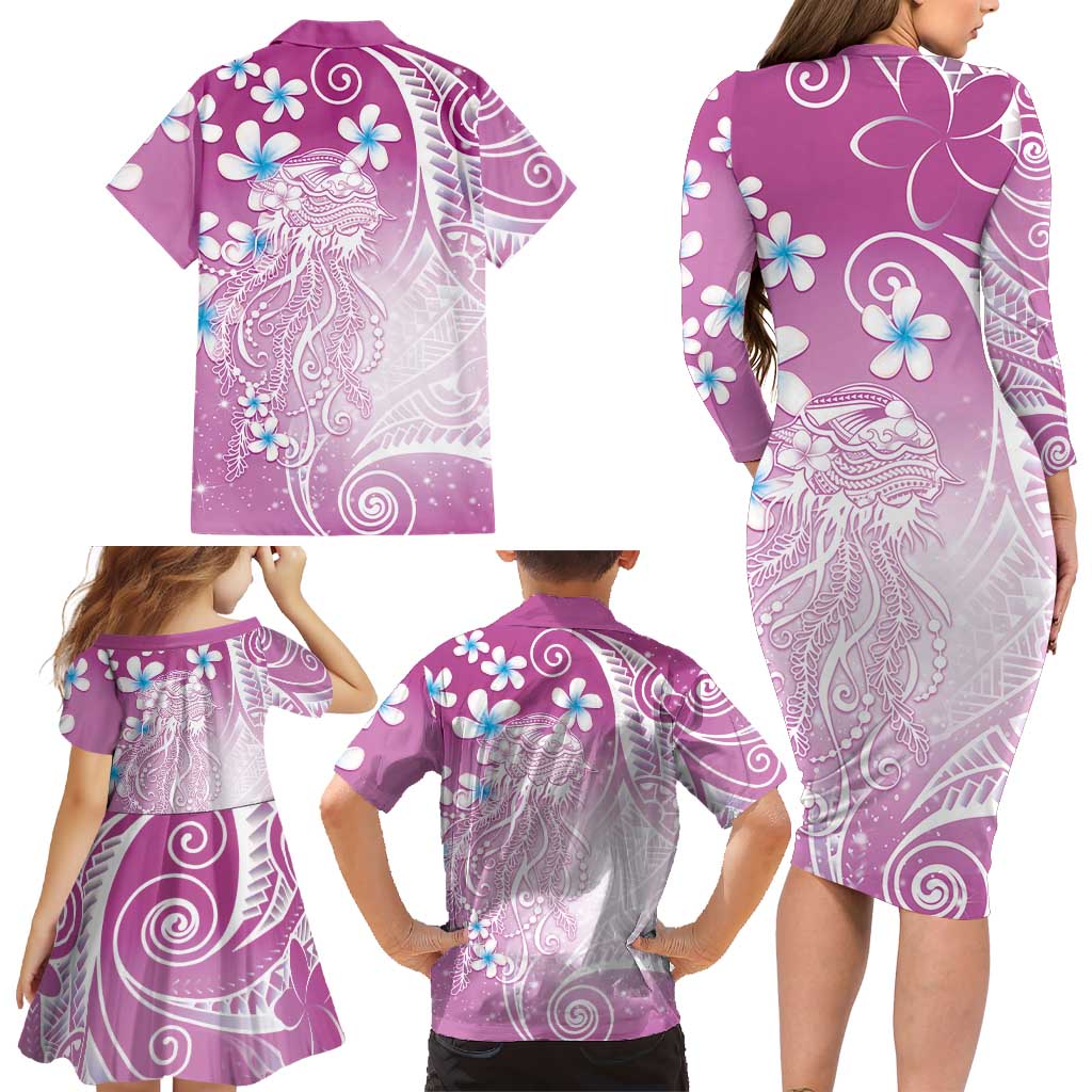 Polynesian Jellyfish Family Matching Long Sleeve Bodycon Dress and Hawaiian Shirt With Plumeria Pink LT05 - Polynesian Pride